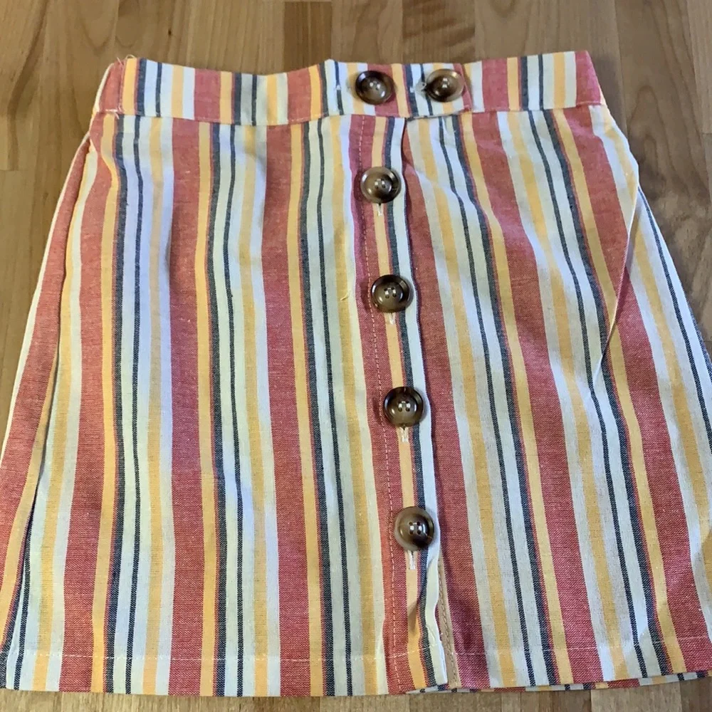 Cream Multicolor Stripe Button Up Elastic Waist Skirt